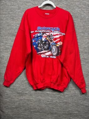 VTG Motorcycle Graphic Sweatshirt Mens Size XL Red American Tradition Heavyweigh
